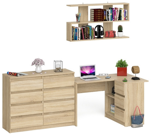Мори компьютерный стол МС-16 правый + Комод МК1200.8 + Полка 1200, дуб сонома