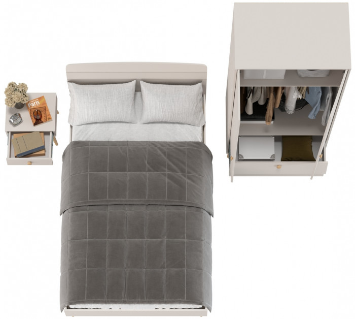 Афина Спальня Кровать 1200 + Шкаф 2-х дверный + Тумба, цвет кашемир серый, 123,6х210,2х95,7 + 90,3х56,3х220 + 45х37х45 см., 1200х2000, б/м, осн. есть