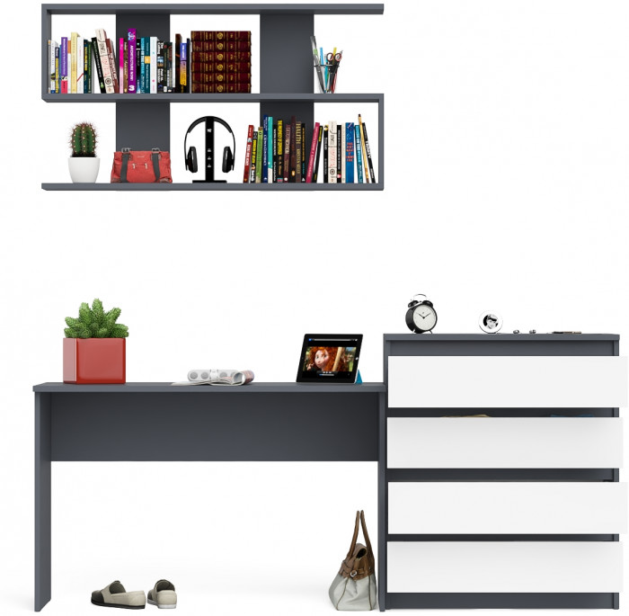 Мори Стол письменный МСП1200.1 + Комод МК800.4 + Полка 1200, цвет графит/белый, ШхГхВ 200,8х50х209,6 см., универсальная сборка