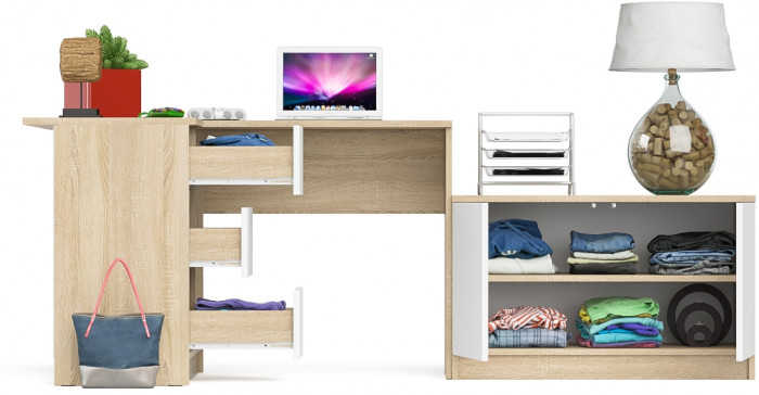 Мори компьютерный стол МС-16 левый + Тумба МА900.1, дуб сонома/белый