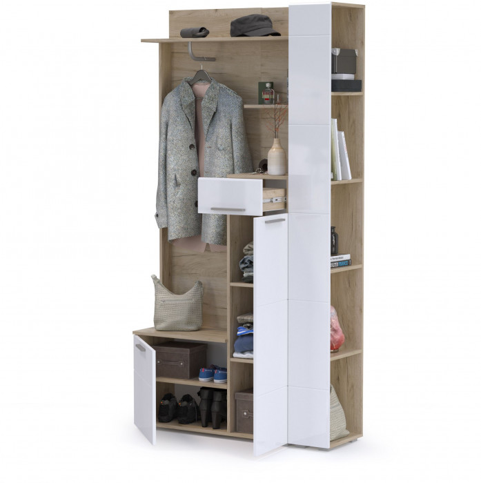 Лайн Прихожая № 06, цвет дуб крафт серый/фасады МДФ белый глянец, ШхГхВ 111,8х35,1х210 см., НЕ универсальная сборка