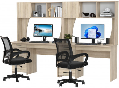 Два стола рабочих 6-0606 Сигма + два кресла 103 чёрных, цвет дуб сонома, ШхГхВ 241х60,5х166 см., НЕ универсальная сборка