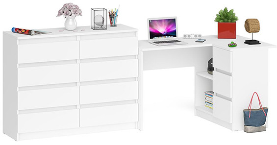 Мори компьютерный стол МС-16 правый + Комод МК1200.8, белый