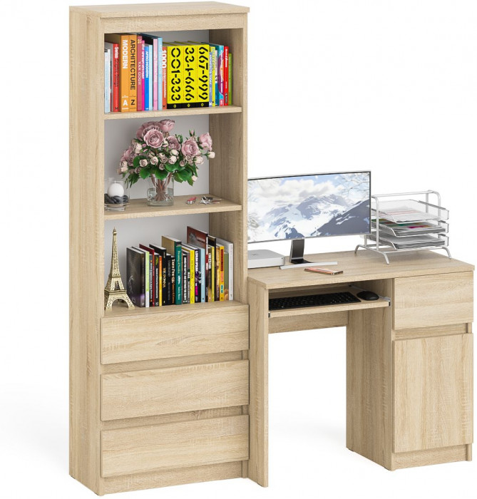 Мори Стол компьютерный МС-1 правый + Стеллаж МСТ600.3, цвет дуб сонома, ШхГхВ 150,4х50х179,6 см., выдвижной ящик справа, НЕ универсальная сборка