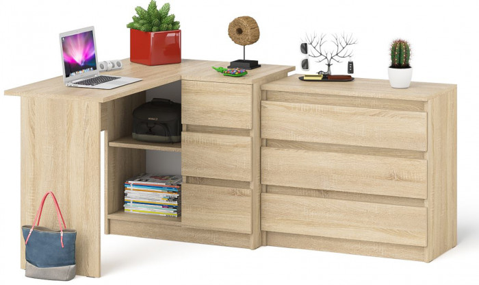 Мори компьютерный стол МС-16 правый + Комод МК800.1, дуб сонома