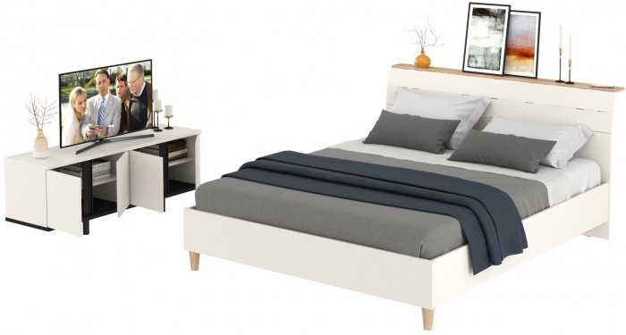 Муссон Кровать 11.41 + ортопед + Тумба под ТВ Квадро 13.276, цвет белый/чёрный/дуб эндгрейн элегантный, сп. м. 1600х2000 мм., б/м