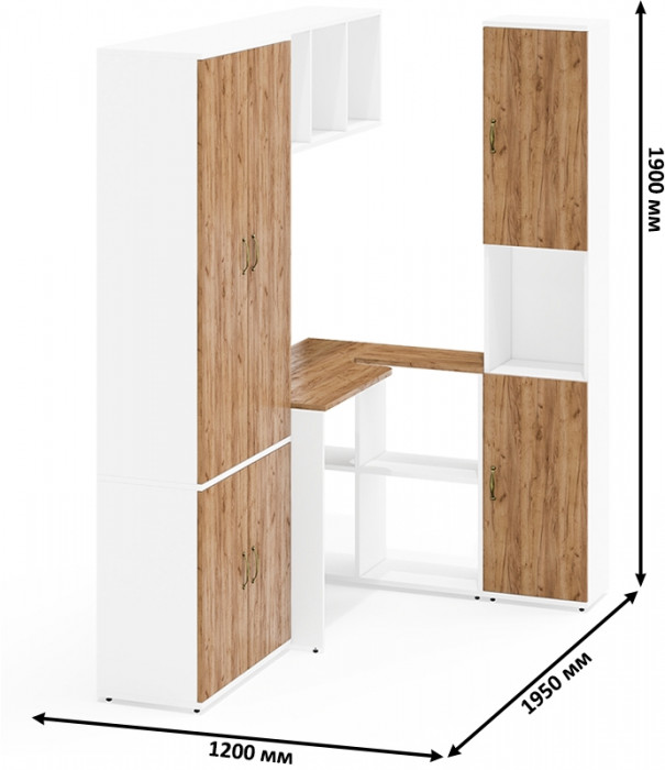 Лидер-8 Шкаф МД 20Б + Стол + Полка + Пенал, белый шагрень/крафт золото