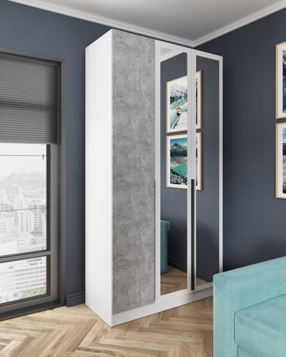 Шкаф Мадрид (1,2) с 3 ящ. внутри с зеркалом, Белый/Ателье светлое