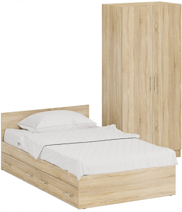 Кровать с ящиками 1200 + Шкаф 2-х створчатый Стандарт, дуб сонома