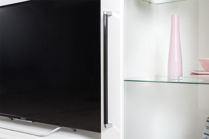 Валенсия Гостиная № 108, цвет ЛДСП белый шагрень/МДФ белый шагрень, ШхГхВ 327,3х38,4х225,2 см., ниша для ТВ 133х38х90 см., универсальная сборка