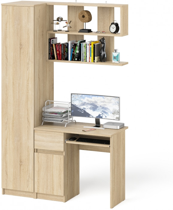 Мори Стол компьютерный МС-1 левый + Пенал МШ400.1 + Полка 900, цвет дуб сонома, ШхГхВ 130,4х50,4х209,6 см., НЕ универсальная сборка