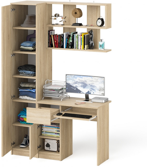 Мори Стол компьютерный МС-1 левый + Пенал МШ400.1 + Полка 900, цвет дуб сонома, ШхГхВ 130,4х50,4х209,6 см., НЕ универсальная сборка