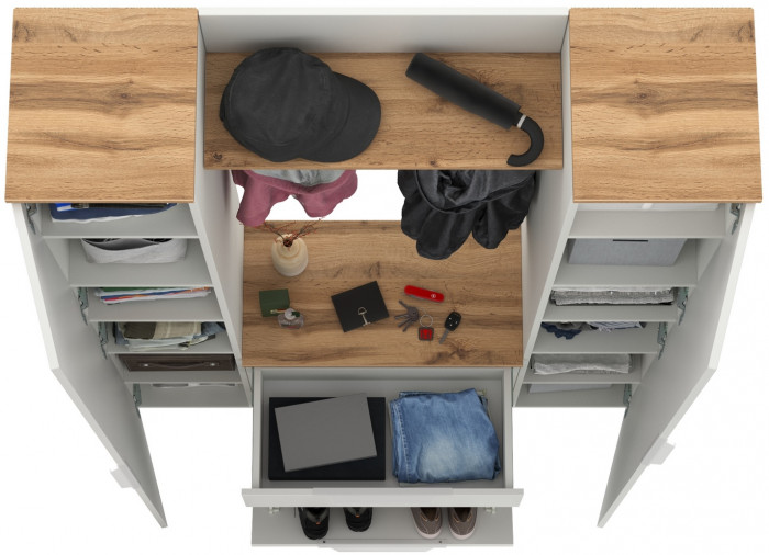 Октава Прихожая 18, цвет белый шагрень/дуб крафт золотой/фасады МДФ белый шагрень, ШхГхВ 129,3х35,4х197,6 см., универсальная сборка