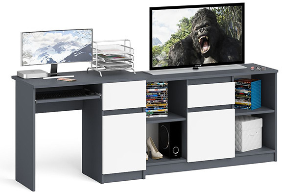 Мори компьютерный стол МС-1 правый + Тумба МТВ1204.1, графит/белый