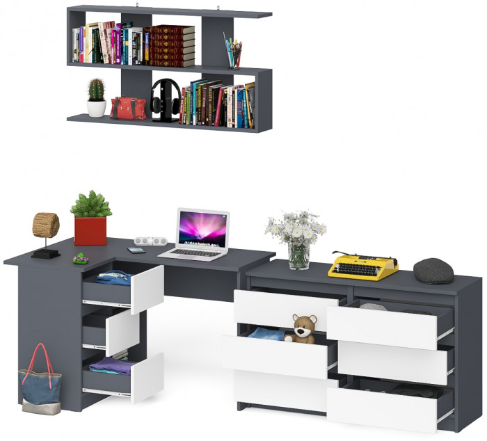Мори компьютерный стол МС-16 левый + Комод МК1200.6 + Полка 1200, графит/белый