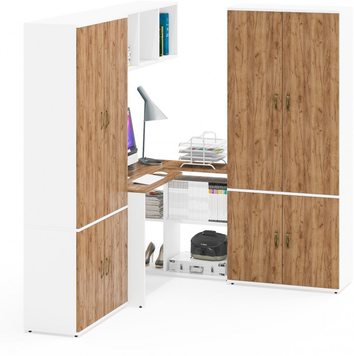 Лидер-8 Стол + Полка + Шкаф МД 20Б + Шкаф МД 20Б, цвет белый шагрень/крафт золото, ШхГхВ 325х50/37,5х75/190 или 115х240/50х75/190 см., НЕ ун. сборка