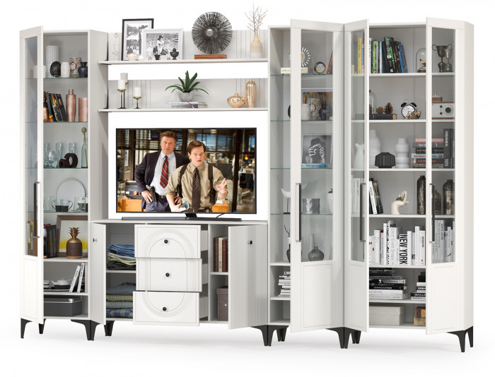 Валенсия Гостиная № 109, цвет ЛДСП белый шагрень/МДФ белый шагрень, ШхГхВ 327,3х38,4х225,2 см., ниша для ТВ 133х38х90 см., универсальная сборка