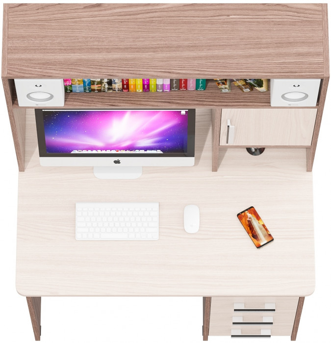 Стол компьютерный С-МД-СК9, цвет ясень шимо светлый/ясень шимо тёмный, ШхГхВ 102х70х160 см., ниша под монитор 65х70х57 см., НЕ универсальная сборка