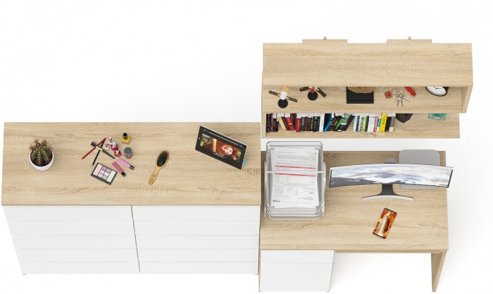 Мори Стол компьютерный МС-1 левый + Комод МК1200.10 + Полка 900, цвет дуб сонома/белый, ШхГхВ 210,4х50х209,6 см., НЕ универсальная сборка