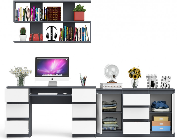 Мори компьютерный стол МС-2 + Комод МК1200.3 + Полка 1200, графит/белый