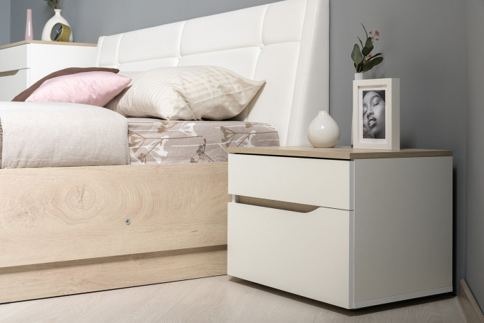 Муссон Спальня № 04, цвет белый/дуб эндгрейн элегантный/искусственная кожа белая, подъёмный ортопед, сп. м. 1600х2000 мм., б/м