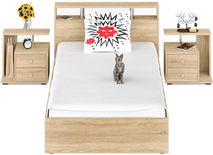 Камелия Кровать 1400 + две тумбы, дуб сонома