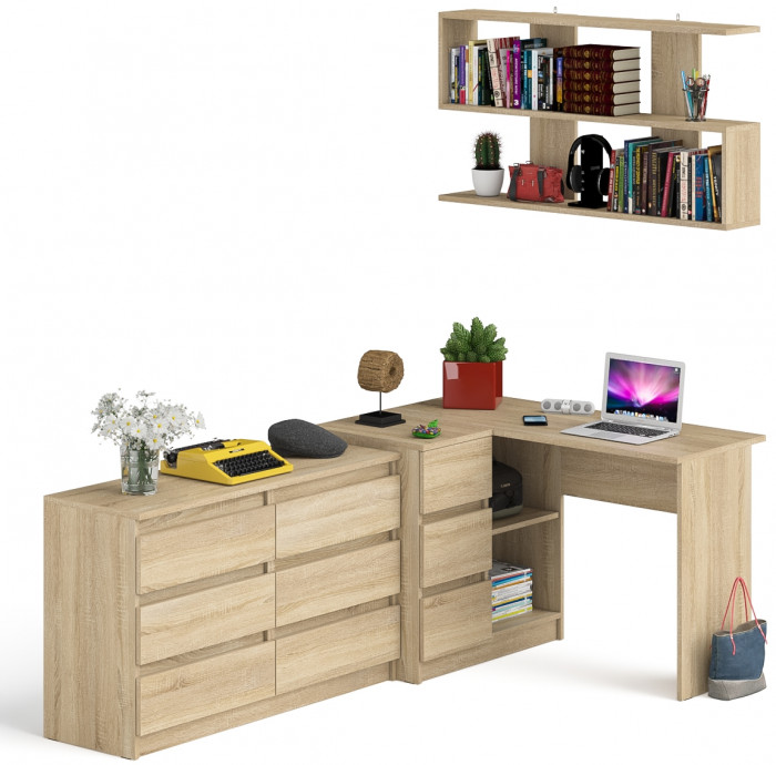 Мори компьютерный стол МС-16 левый + Комод МК1200.6 + Полка 1200, дуб сонома