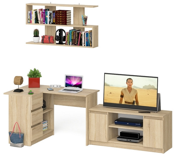 Мори компьютерный стол МС-16 левый + Тумба МТВ1200.1 + Полка 1200, дуб сонома
