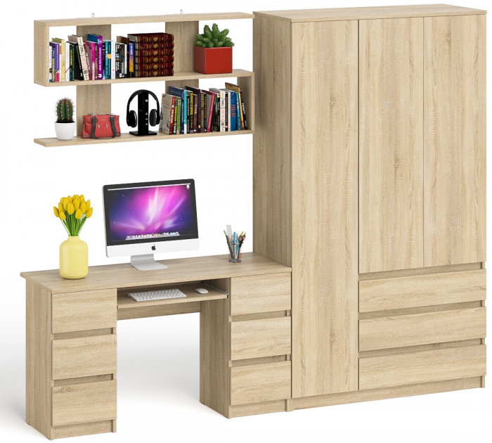 Мори компьютерный стол МС-2 + Шкаф МШ1200.1 + Полка 1200, дуб сонома