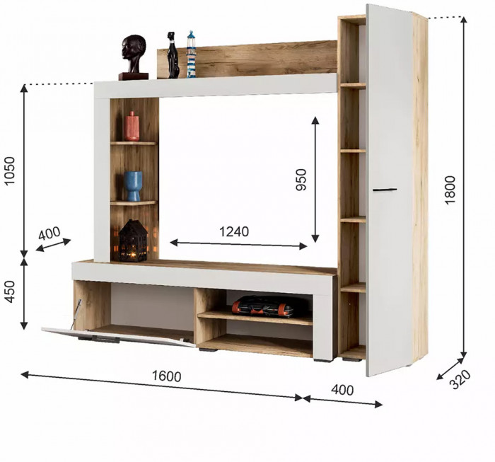 Стенка в гостиную Николь, Дуб крафт серый, Софт Айвори