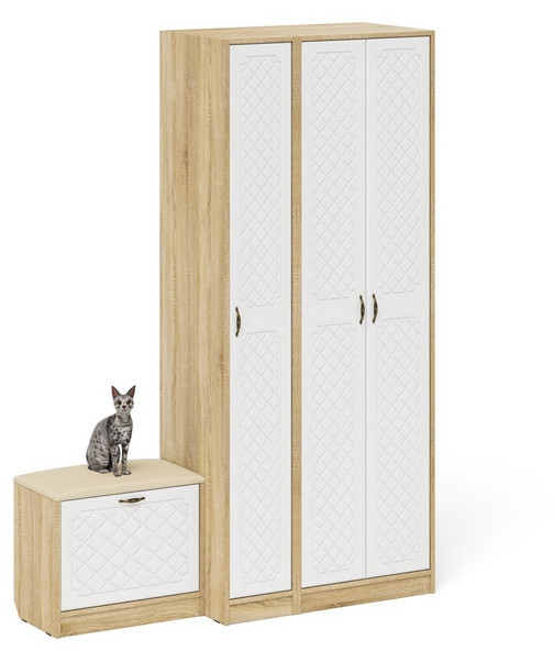 Прихожая П-6 Компоновка № 45, цвет дуб сонома/фасады МДФ белое дерево фрезеровка ромб, ШхГхВ 150х50х210 см., универсальная сборка