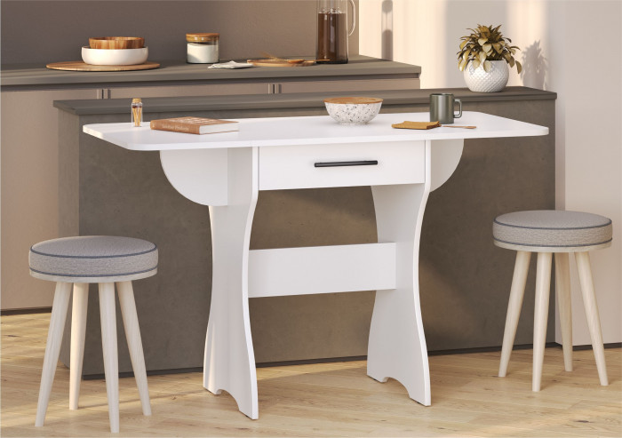 Стол обеденный раскладной с ящиком 6-02.120ТМбел, цвет белый, ШхГхВ 120х57х75 см., 60х57х75 см. сложенный