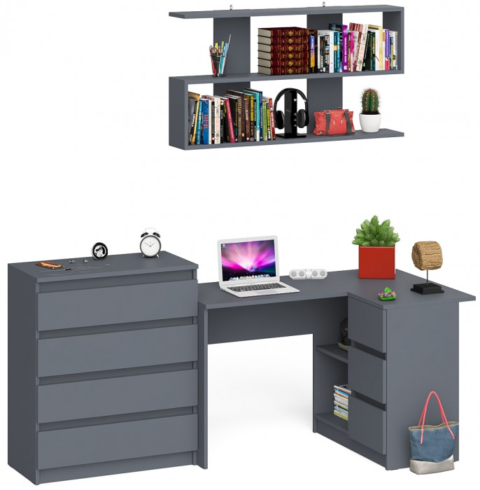 Мори компьютерный стол МС-16 правый + Комод МК800.4 + Полка 1200, графит