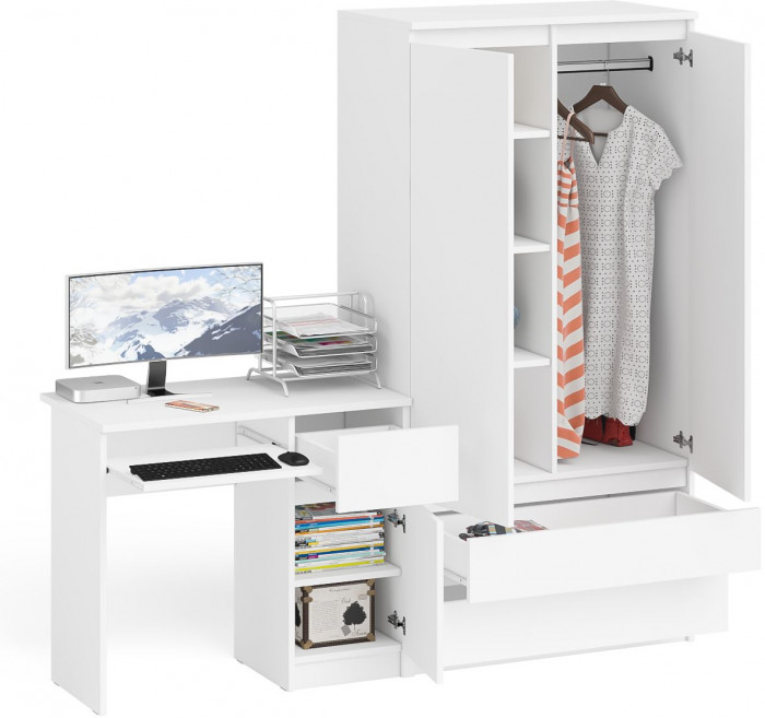 Мори Стол компьютерный МС-1 правый + Шкаф МШ900.1, цвет белый, ШхГхВ 180,4х50,4х179,6 см., выдвижной ящик справа, НЕ универсальная сборка