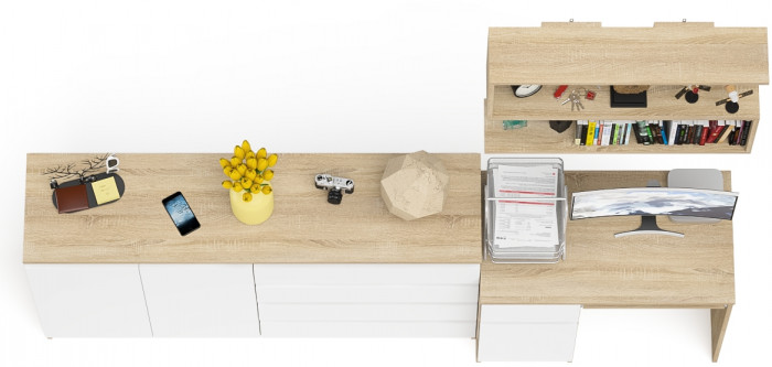 Мори компьютерный стол МС-1 левый + Комод МК1600.1 + Полка 900, дуб сонома/белый