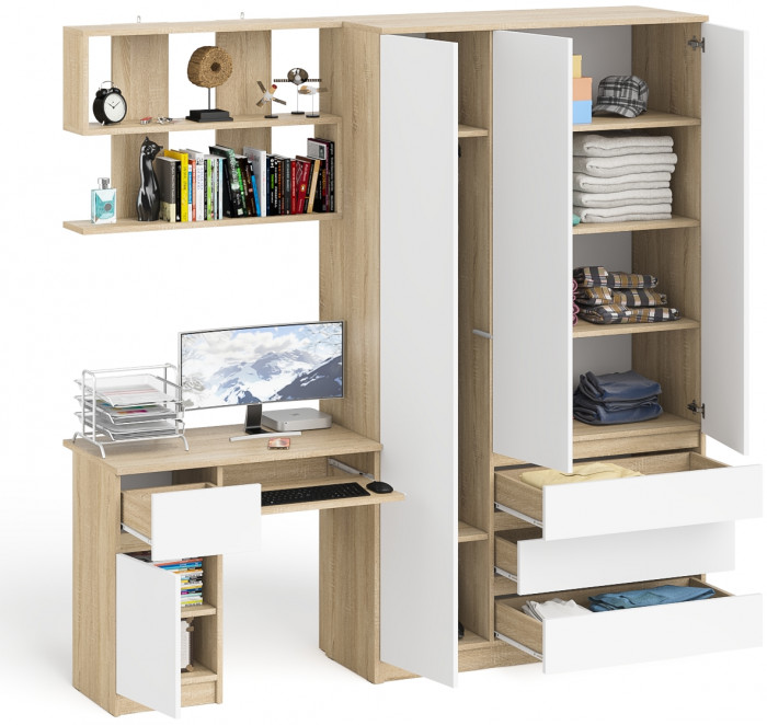 Мори компьютерный стол МС-1 левый + Шкаф МШ1200.1 + Полка 900, дуб сонома/белый
