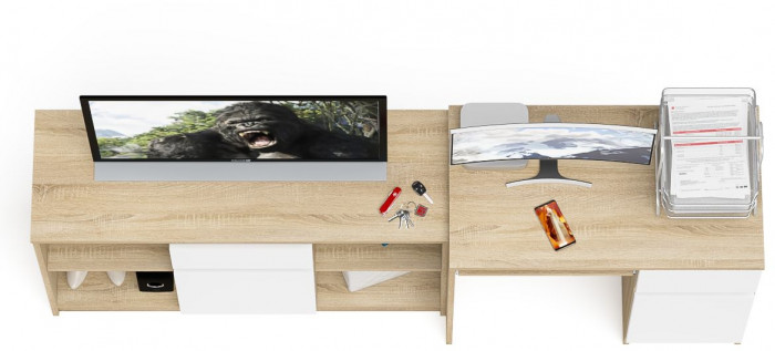 Мори компьютерный стол МС-1 правый + Тумба МТВ1204.1, дуб сонома/белый