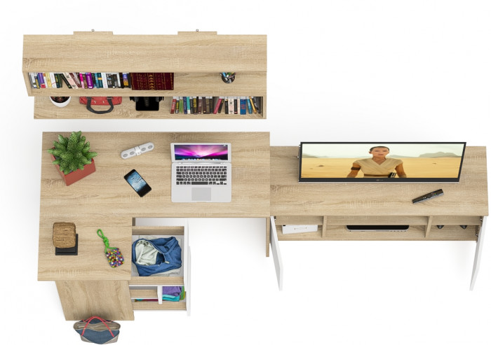 Мори компьютерный стол МС-16 левый + Тумба МТВ1200.1 + Полка 1200, дуб сонома/белый