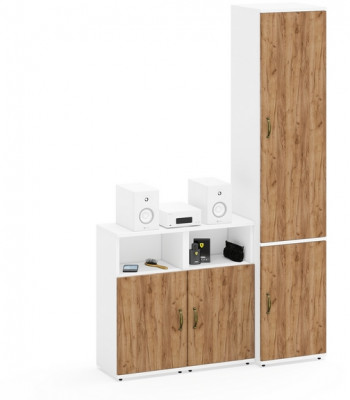 Лидер-8 Пенал МД 22Б + Тумба МД 3.19 + Тумба МД 3.19, цвет белый шагрень/крафт золото, ШхГхВ 120х37,5х190 см., универсальная сборка