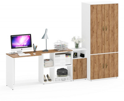 Лидер-8 Стол + Тумба МД 3.19 + Шкаф МД 19Б, цвет белый шагрень/крафт золото, ШхГхВ 285х50/37,5х75/190 или 115х200/50х75/190 см., НЕ ун. сборка