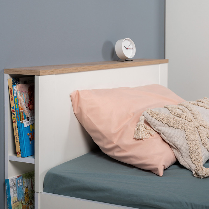 Джастин 11.54 Кровать, цвет белый шагрень/дуб белый эксклюзив, ШхГхВ 94,2х208,1х75,3 см, 900х1900, б/м, осн. есть, матрас до 150 мм, макс. нагр. 80 кг