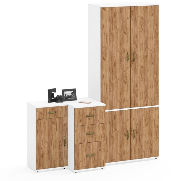 Лидер-8 Шкаф МД 20Б + Тумба МД 3.15 + Тумба МД 3.16, белый шагрень/крафт золото