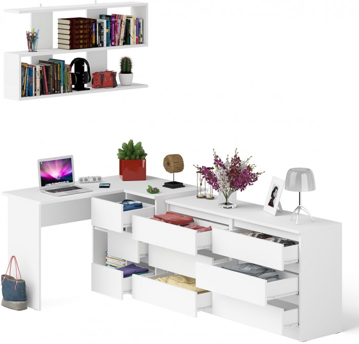 Мори компьютерный стол МС-16 правый + Комод МК1380.6 + Полка 1200, белый
