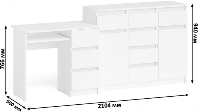 Мори компьютерный стол МС-6 правый + Комод МК1200.4, белый