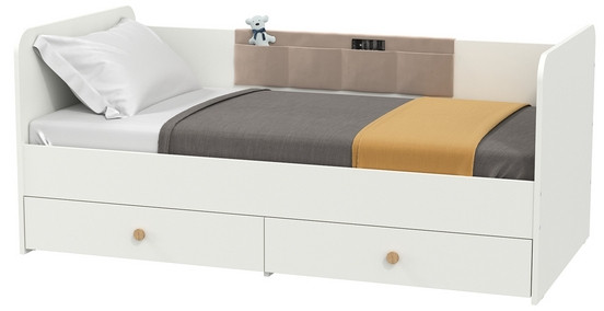 Джастин 11.55 Кровать + Накладка-карман, цвет белый шагрень/ткань серо-бежевая, ШхГхВ 163,8х84х70,6 см., сп. м. 800х1600 мм., б/м, основание есть