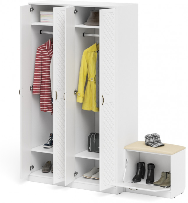 Прихожая П-6 Компоновка № 07, белая шагрень/фасады МДФ белое дерево фрезеровка ромб