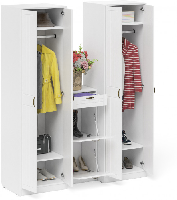 Прихожая П-6 Компоновка № 13, цвет белая шагрень/фасады МДФ белое дерево фрезеровка прованс, ШхГхВ 170х50х210 см., универсальная сборка