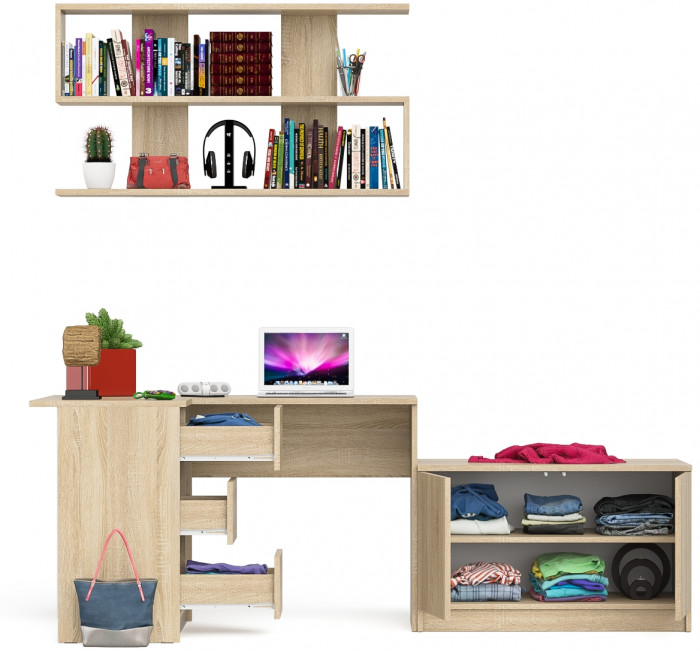 Мори Стол компьютерный МС-16 левый + Тумба МА900.1 + Полка 1200, цвет дуб сонома, ШхГхВ 214,8х84,9х209,6 см., НЕ универсальная сборка