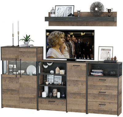 Трувор Гостиная 010, цвет дуб гранж песочный/интра, ШхГхВ 260,8х37х195 см., универсальная сборка