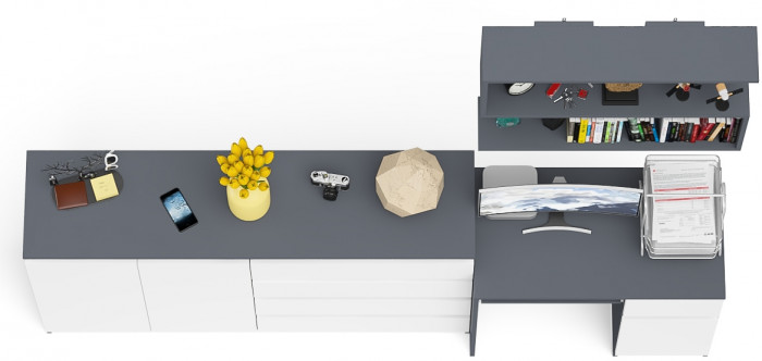 Мори компьютерный стол МС-1 правый + Комод МК1600.1 + Полка 900, графит/белый